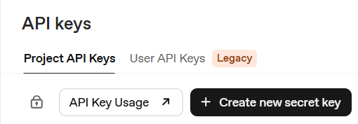 Aba Project API Keys com o botão Create new secret key