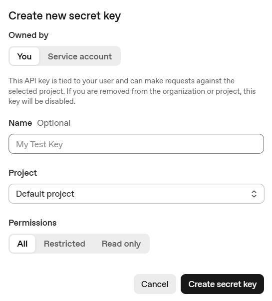 Janela Create new secret key com campo de nome e permissões