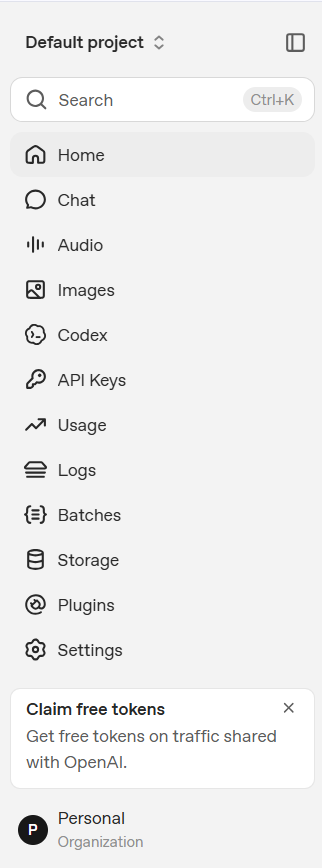 Menu lateral da plataforma da OpenAI com a seção API Keys