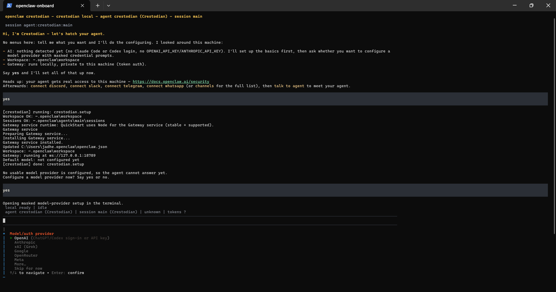 Menu de provedores de modelo de IA do OpenClaw no terminal