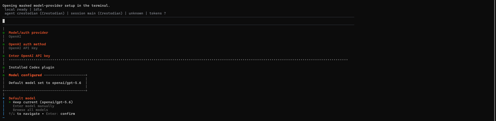 Chave de API mascarada e modelo padrão configurado no OpenClaw