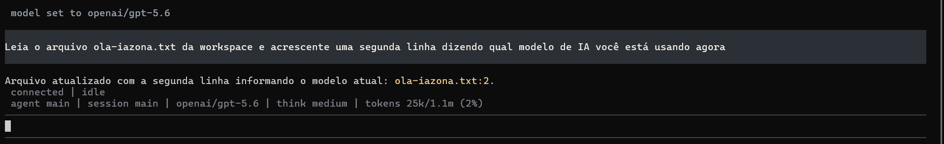 OpenClaw executando a primeira tarefa e atualizando um arquivo da workspace